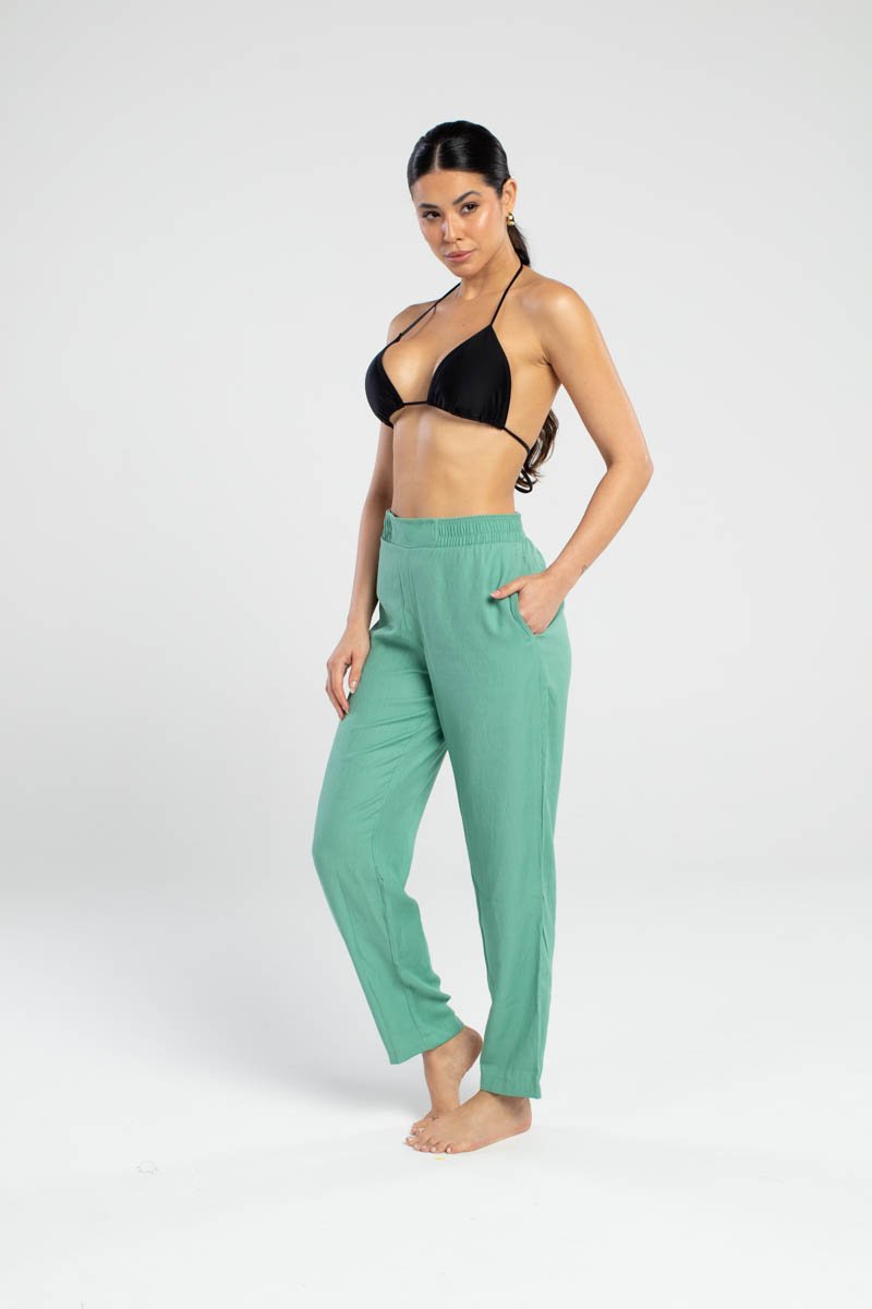 Calça de Praia Com Bolso Plano Verde Esmeralda