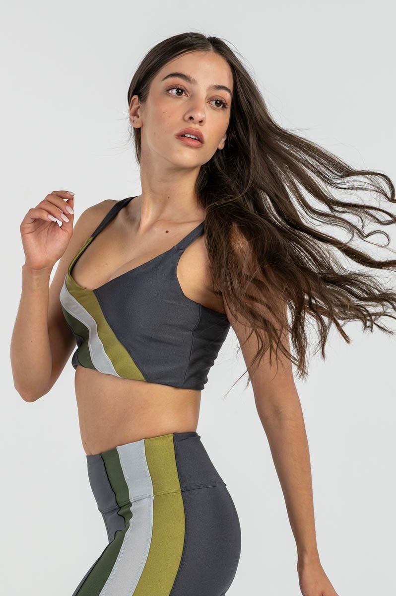 Top Lycra Fit Pulse Cinza Escuro Com Verde Top Model
